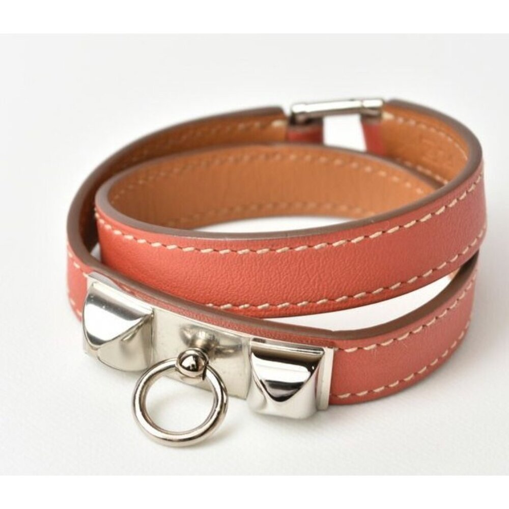 Hermes Bangle Bracelet Rival Doubletour Pink Brownish Silver XS Size